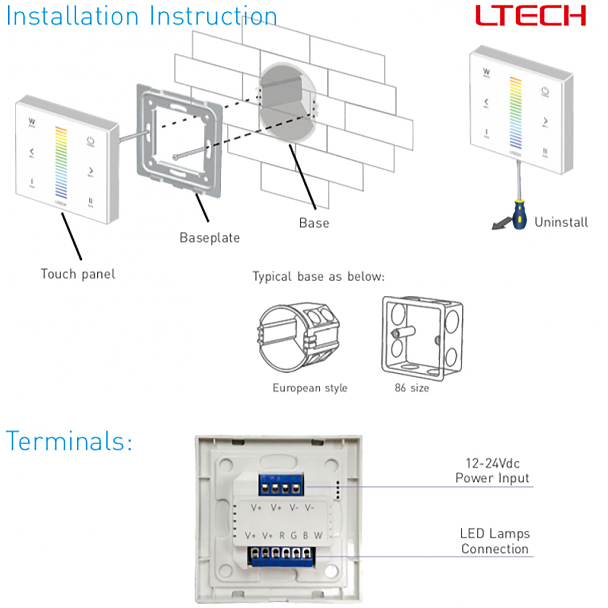 RF2.4GHz RGBW Touch Panel, PWM Power O/P, RGBW Dim, 12/24Vdc, 288W 12A, Single/Multi Zone Support. E4S  LTECH Touch Panel